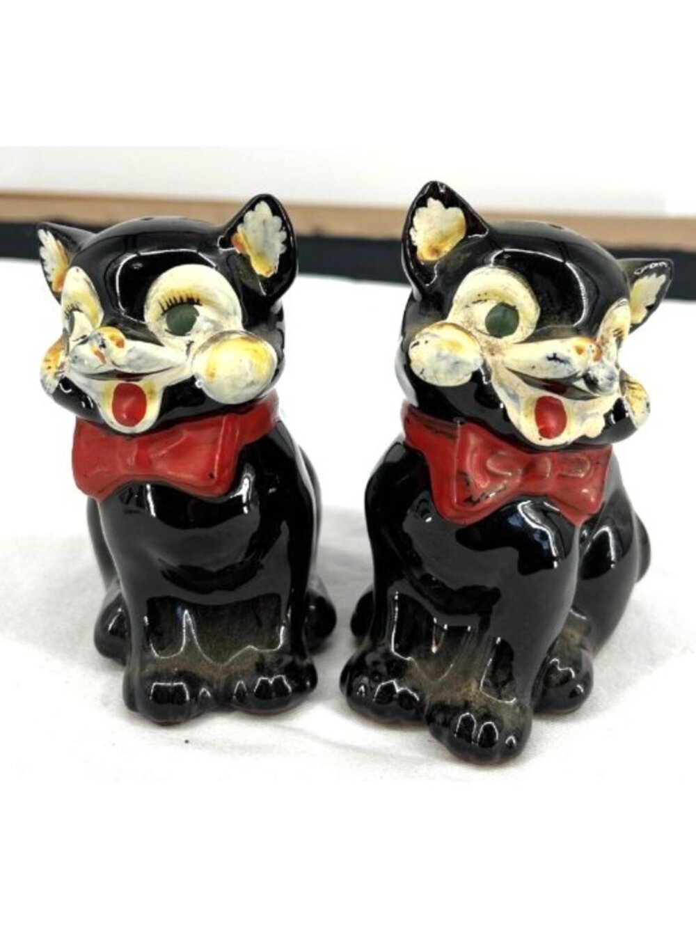 Black Cat Salt and Pepper Shakers Red Bows Ceramic Redware 4.75" FLAW